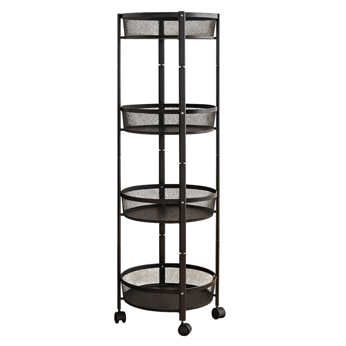 4-Layer Round Metal Folding Storage Trolley with Mesh Baskets and Wheels – Multi-Purpose Organizer Rack (1 Pc)