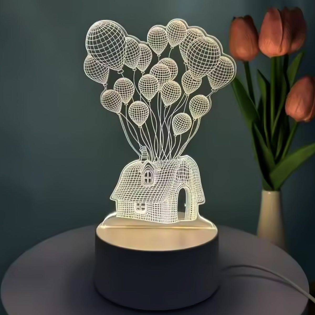 3D Illusion LED Night Lamp with House and Balloons Design
