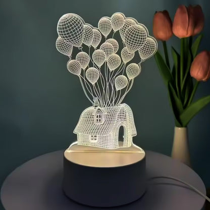 3D Illusion LED Night Lamp with House and Balloons Design
