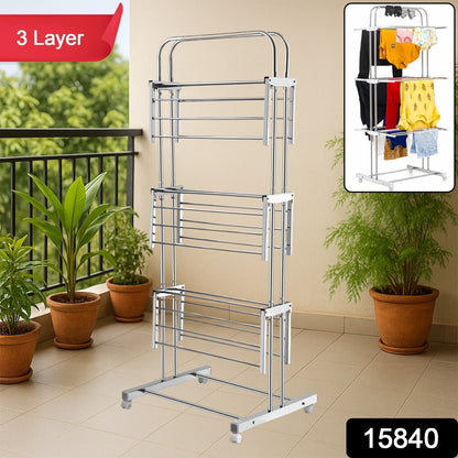 3 Layer Foldable Stainless Steel Cloth Drying Stand with Wheels