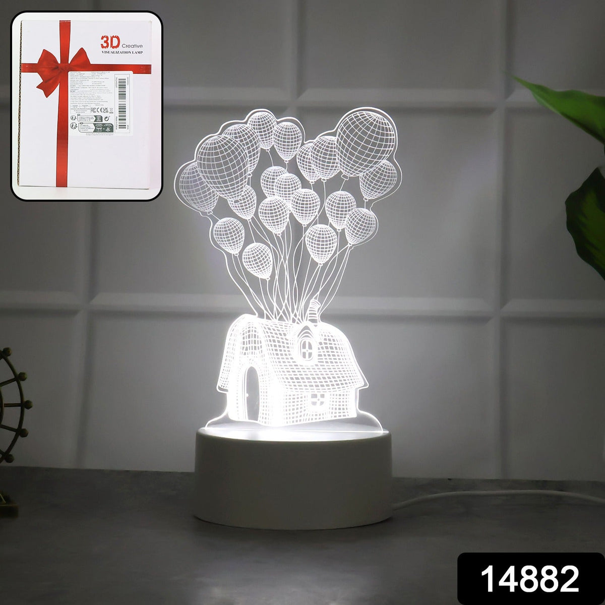 3D Illusion LED Night Lamp with House and Balloons Design