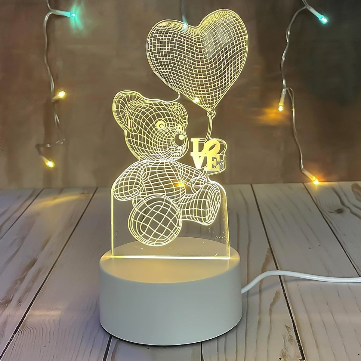 3D Illusion LED Night Lamp with Teddy Bear Holding Heart Design