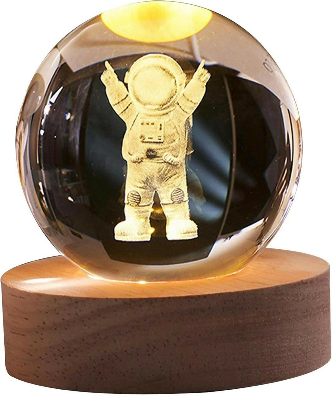 3D Engraved Crystal Astronaut LED Night Lamp with Wooden Base