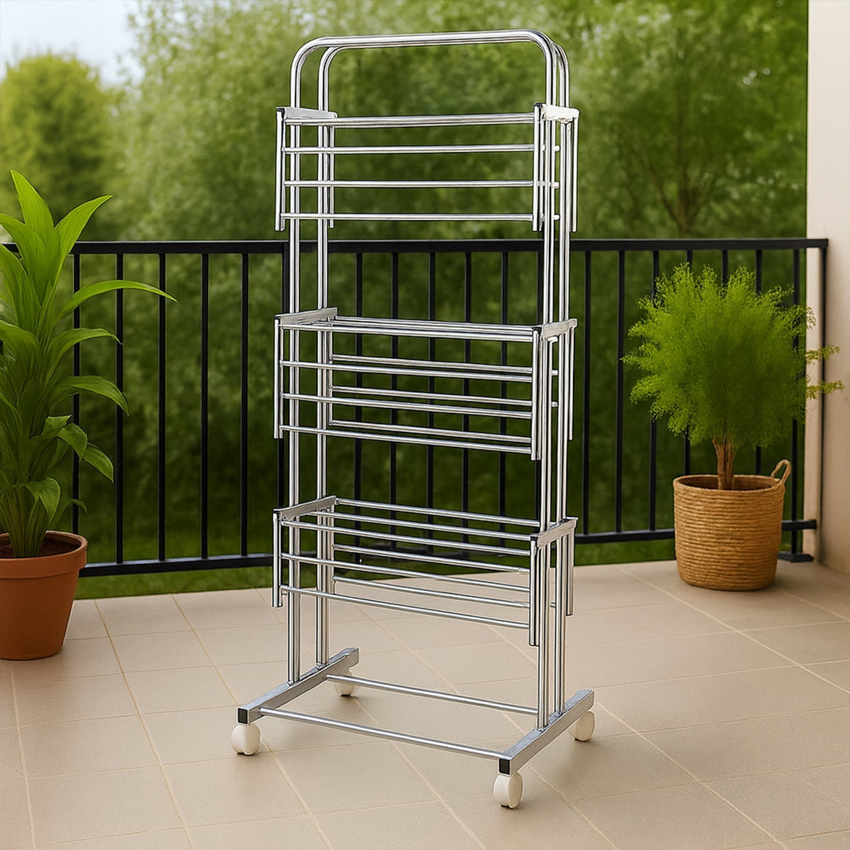 3 Layer Foldable Stainless Steel Cloth Drying Stand with Wheels