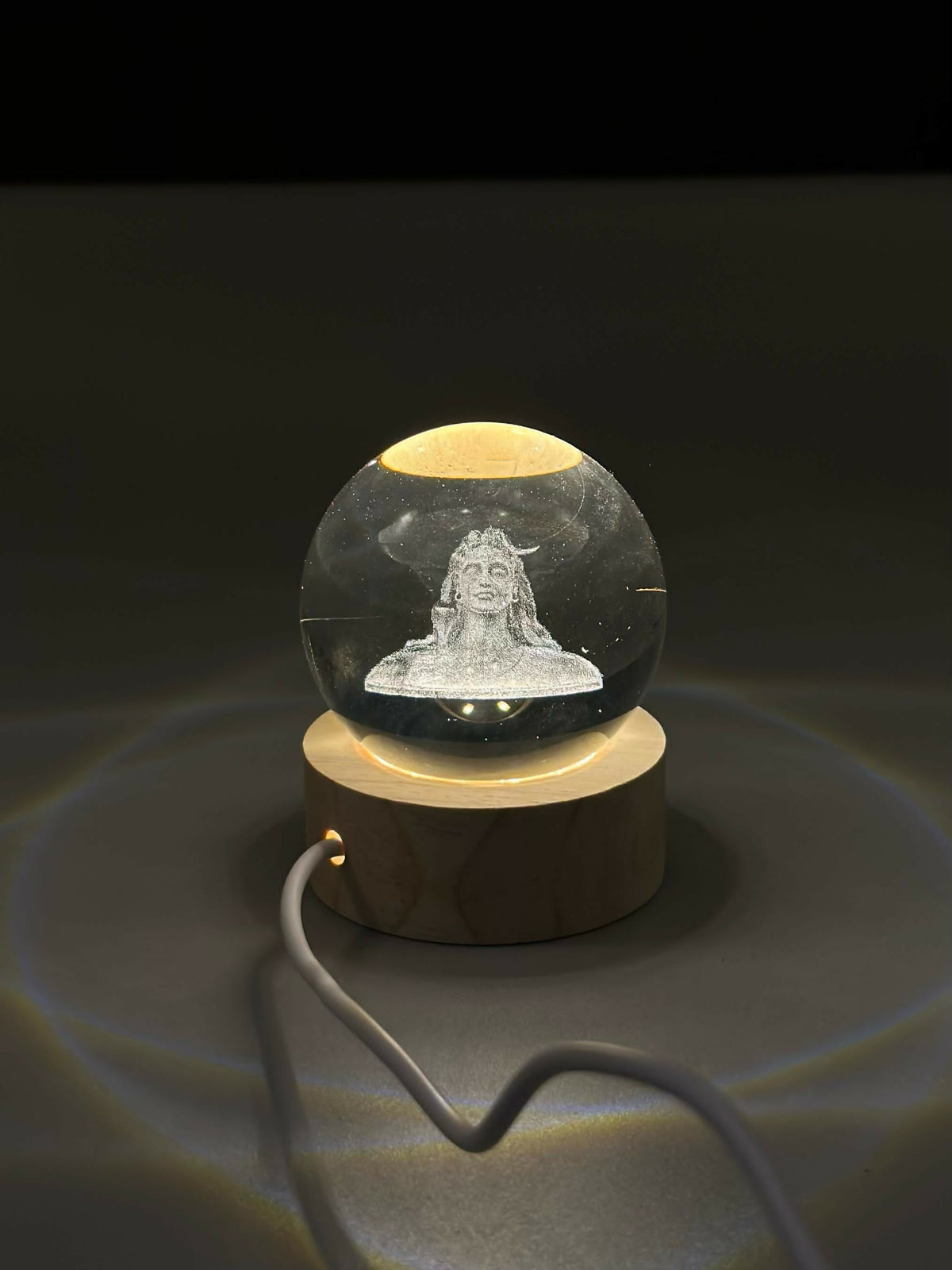 3D Crystal Glass Shiva Sculpture LED Night Lamp with Wooden Base