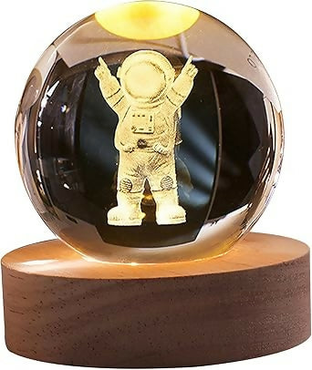 3D Engraved Crystal Astronaut LED Night Lamp with Wooden Base