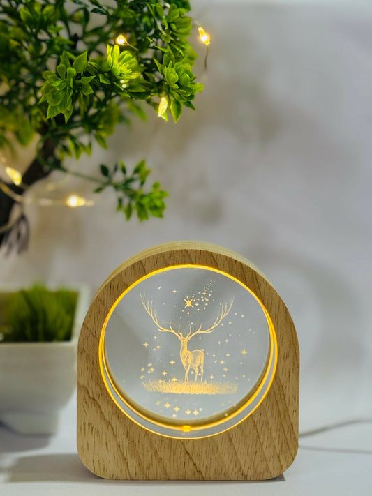 3D Deer in Forest Scene Crystal Glass LED Night Lamp with Wooden Frame